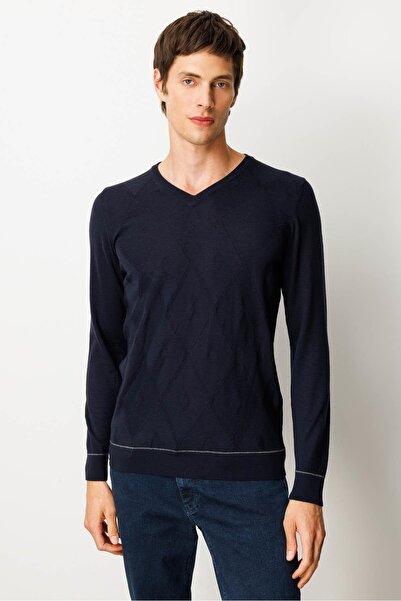 Desen Triko Чоловічий светр з V-подібним вирізом, смугастий, з баклава, вовняний, темно-синій