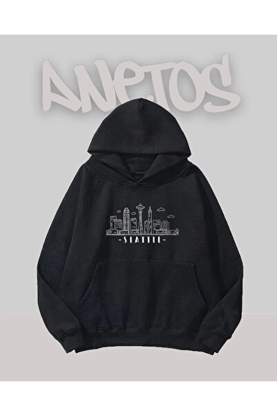 Anetos Sweatshirt Seattle Design Negru cu Imprimeu Pe Față