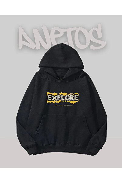 Anetos Explorați Design Black Front cu imprimeu Swea tricou