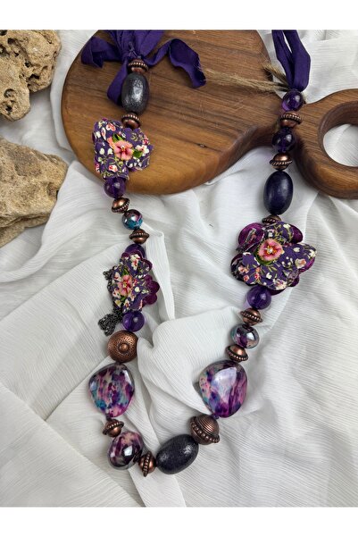 SEDEF TAKI Mor uzun taşlı Vintage kolye