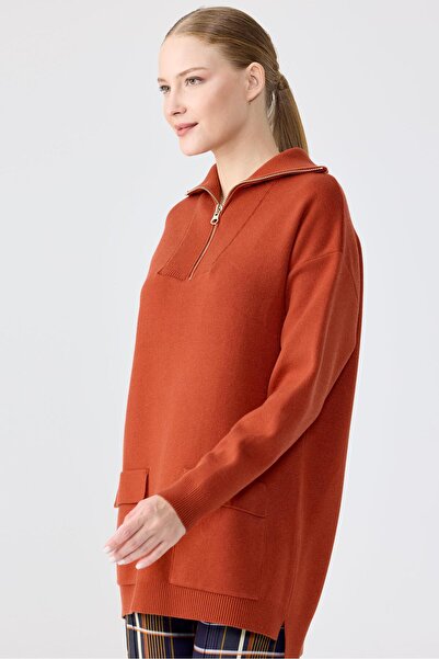 Tığ Triko Fermuarlı Dik Yaka Triko Tunik KİREMİT