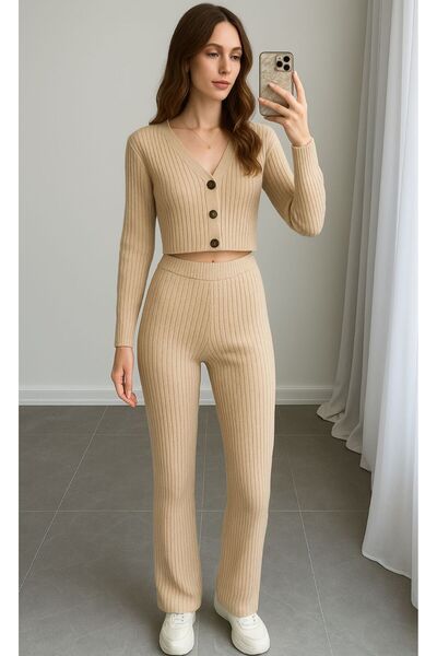 trendgar Γυναικείο μπεζ κοτλέ πλεκτό ύφασμα με λαιμόκοψη σε σχήμα V με κουμπιά Crop φούτερ Φαρδιά εφαρμογή Άνετο σετ αθλητικών φορεμάτων