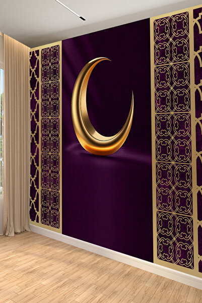 dreamwall Altın Hilal ve Osmanlı Motifli Mor Tekstil Duvar Kağıdı