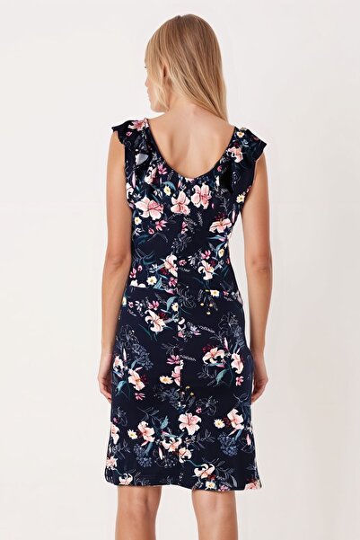 armonika Women's Navy Blue V-Neck Collar Ruffled Sleeveless Dress Arm-25Y001098