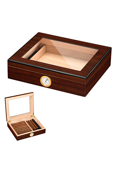 Buldug Ahşap Puro Humidor Kutusu Kahverengi – Cam Kapaklı, Higrometre ve Neml...