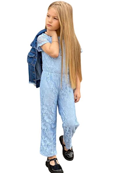 Riccotarz Girl's Blue Jumpsuit with Lace Embroidery on Top and Transparent Tulle Lining Inside