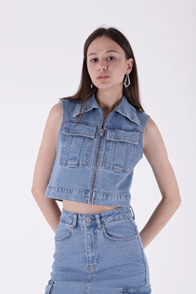 WAS Zippered Mini Denim Vest