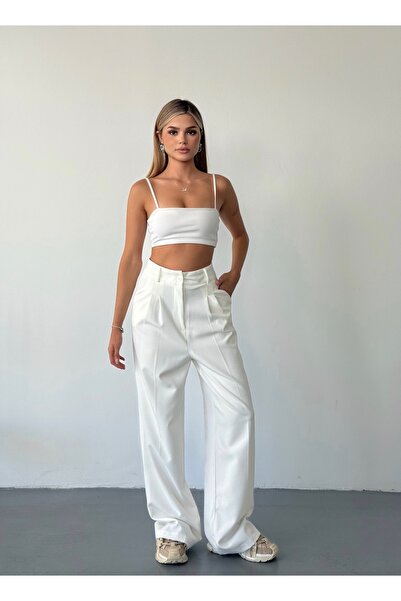 BEJNA Kadın Beyaz Pens Detaylı Pileli Palazzo Pantolon