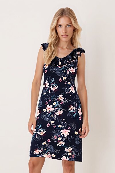 armonika Women's Navy Blue V-Neck Collar Ruffled Sleeveless Dress Arm-25Y001098