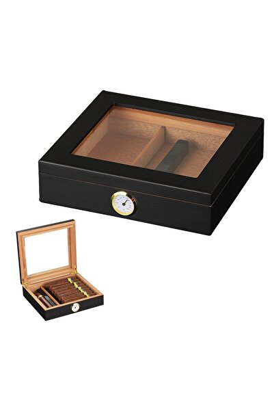 Buldug Ahşap Puro Humidor Kutusu Siyah – Cam Kapaklı, Higrometre ve Nemlendirici Dahil (20 Adet Kapasiteli)