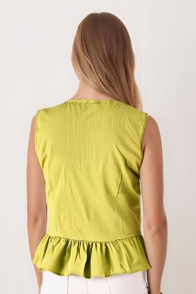 armonika Women's Pistachio Green V-Neck Tie Front Skirt Ruffled Blouse Arm-25Y001102