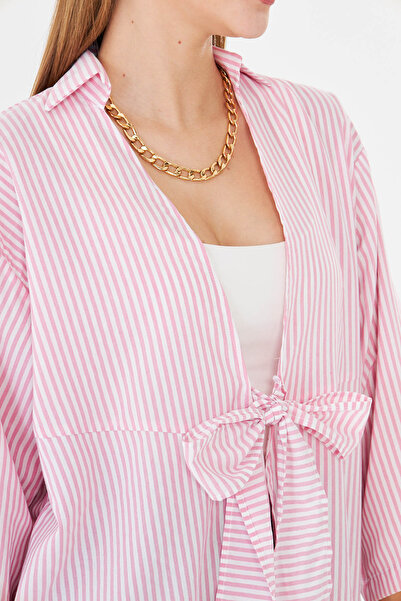 armonika Γυναικείο ροζ ριγέ πουκάμισο κιμονό με κορδόνι μπροστά ARM-25Y001085