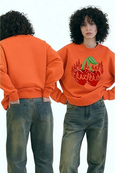 ArtYus Mânecă lungă unisex Flaming Cherry Transfer cu imprimeu guler rotund piese Swea tricou