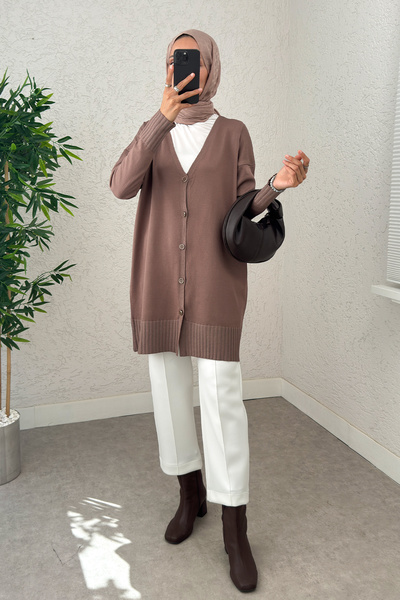 Salih Çelebi V-Neck Knitwear Cardigan 0140214 - Kestane