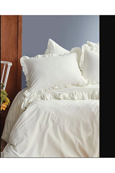 İssimo Frill Washed 100% Cotton Poplin Vanilla Double Duvet Cover Set