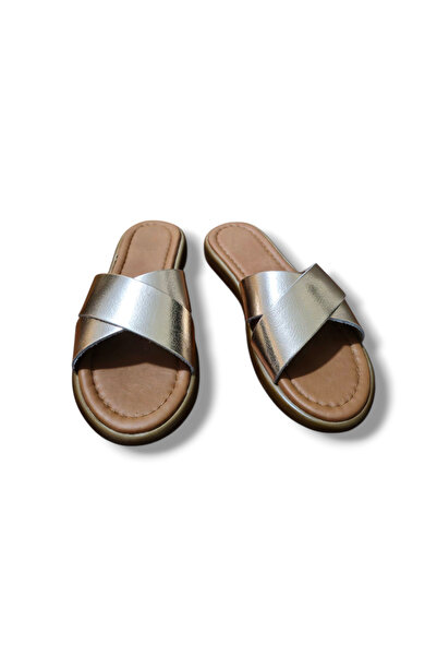 BARONES SHOES Women's Slippers Genuine Leather Cross Strap Metallic Bronze