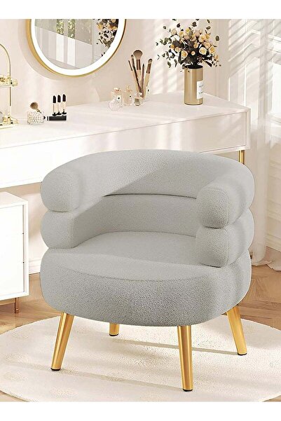 ESMART Elegant Design Boucle Chair, Bedroom Vanity Chair - Gray with Golden Legs, 74x62x70cm