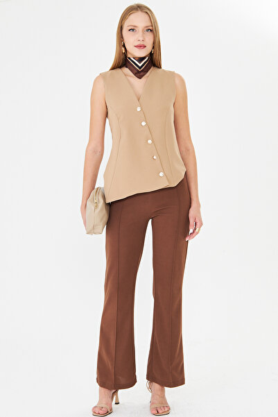 armonika Women's Beige V-Neck Asymmetrical Closure Lined Vest Arm-26K001004