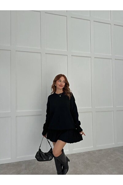 Miss Beyoğlu Γυναικείο Μακρύ Πουλόβερ Oversize και Μίνι Φούστα με Βολάν, Πλεκ...