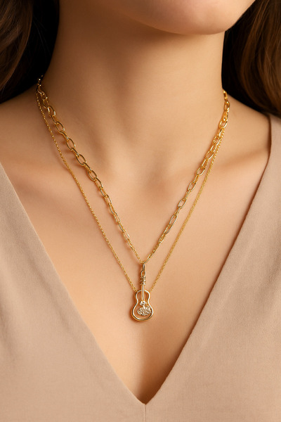 G Sport POLO Stylish Zircon Necklace Set of 2 with Guitar and Heart Note Detail