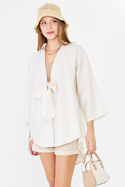 armonika Women's Light Beige Self-Striped Front Tie Kimono Shirt Arm-24Y001101