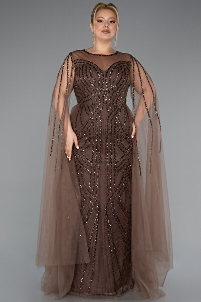 Abiyefon Kahve Pelerin Detay Taşlı Uzun Büyük Beden Abiye ABU5050