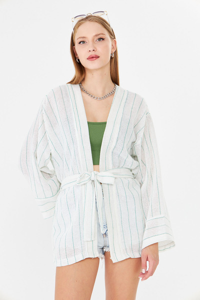 armonika Women's Light Green Belted Kimono Arm-25Y001073