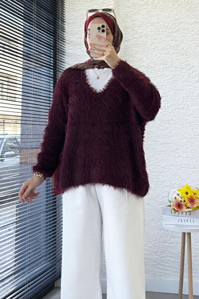 MELEK ARAZ Premium πουλόβερ με κρόσσια με λαιμόκοψη σε σχήμα V – Βουργουνδία