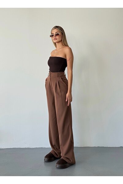 BEJNA Dámské hnědé kalhoty Palazzo s detaily na zavazování a plisováním