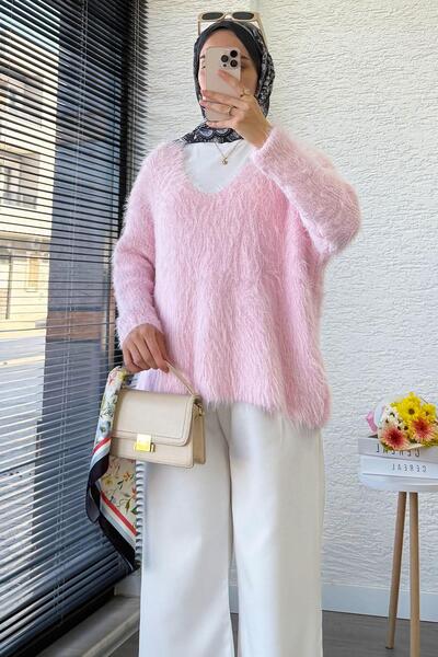 MELEK ARAZ سترة ناعمة فاخرة ذات ياقة على شكل حرف V – وردي