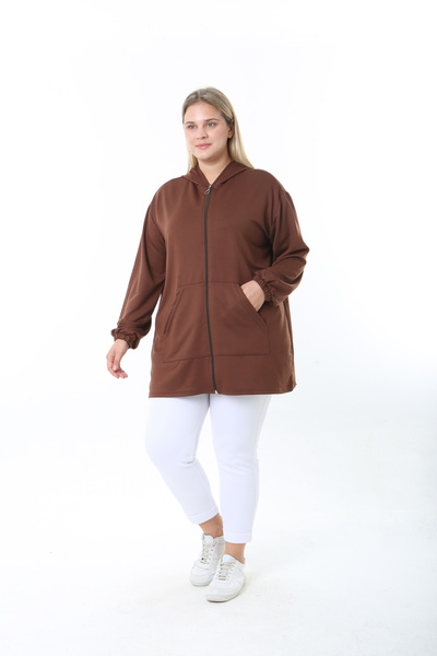 XL Modam Women's Lycra Brown Hooded Plus Size Cardigan