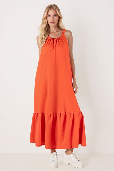 armonika Women's Orange Gathered Wide Strap Skirt Ruffled Long Dress Arm-25Y001104