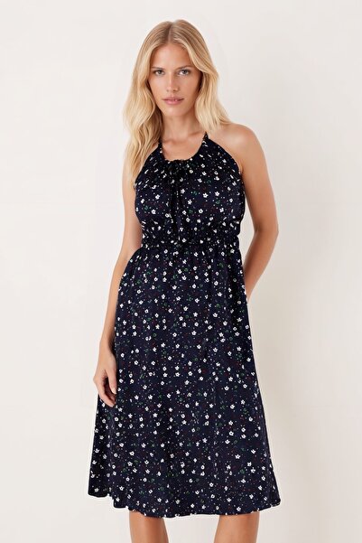 armonika Women's Navy Blue V-Neck Elastic Waist Tie-Up Back Midi Dress Arm-25Y001107