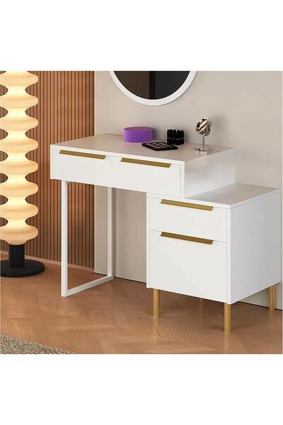 Fly Miranda Makyaj Masası – Beyaz / Gold Detaylı, 2 Çekmeceli Zarif Tasarım