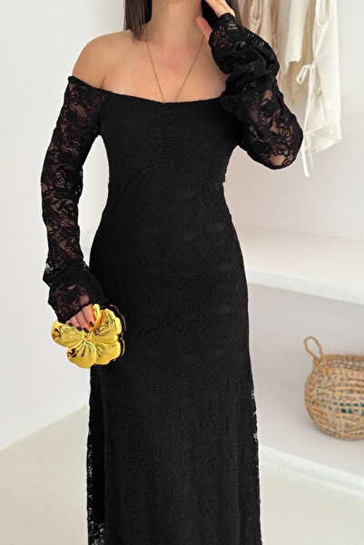 Neşeli Butik فستان ماكسي نسائي من قماش الدانتيل المبطن NBK4331