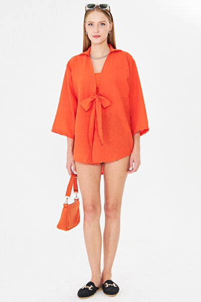 armonika Women's Orange Self-Striped Front Tie Kimono Shirt Arm-24Y001101