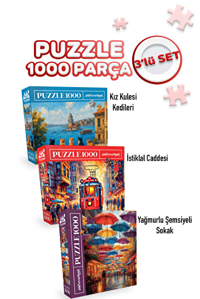 Neverland 3 ADET 1000 PARÇA PUZZLE - YAĞMURLU ŞEMSİYELİ SOKAK VE İSTİKLAL CAD...