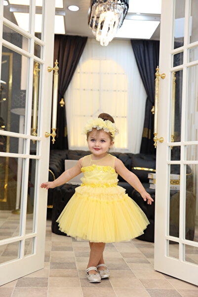 MİSS RAİN Gathered Star Patterned Embroidered Tulle Baby Girl Dress