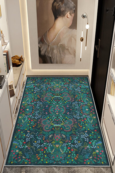 Emiroğlu Yeşil Desenli Otantik Motif Kaymaz Taban Salon ve Oda Halısı – Yıkan...