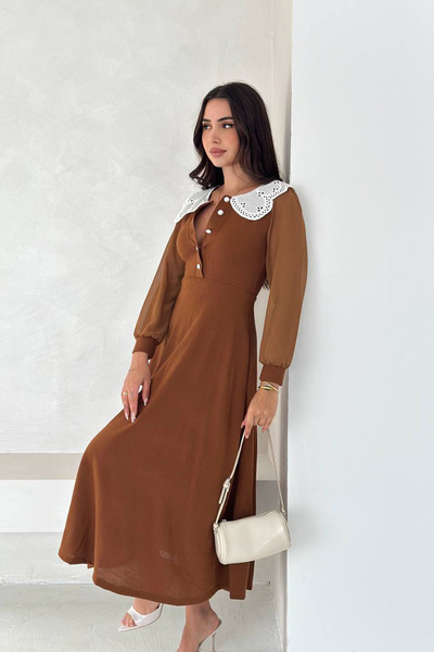 Neşeli Butik Дамска рокля от шифон с дантелени ръкави и копчета NBK4301