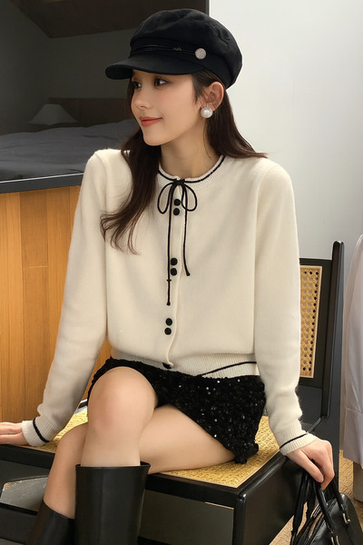 Samin كارديجان نسائي منسوج بأزرار مزدوجة بألوان متباينة