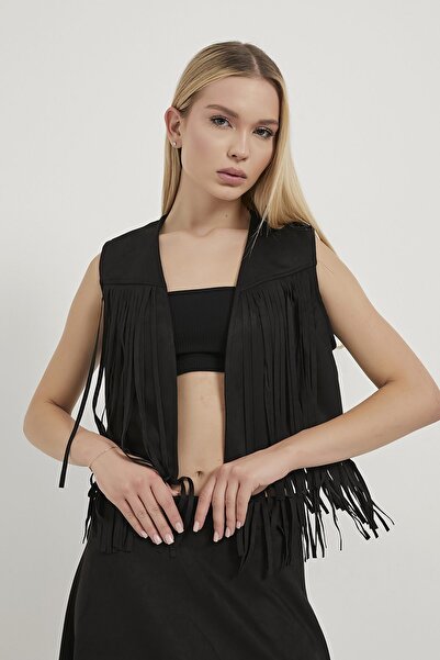 Arma Life Women's Western Suede Tasseled Black Crop Short Vest