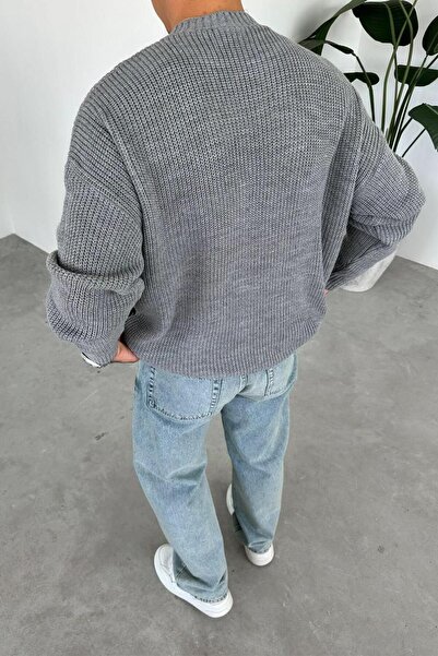 HAFKAGİYİM Gray Los Angeles Embroidery Oversize Knit Sweater