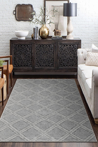 Emiroğlu Gri Kareli Modern Desen Kaymaz Taban Salon ve Oda Halısı – Yıkanabil...