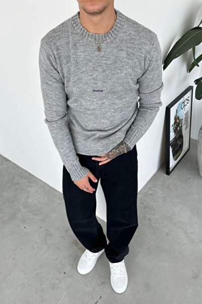 HAFKA Pulover gri Sılence cu broderie moale și relaxată