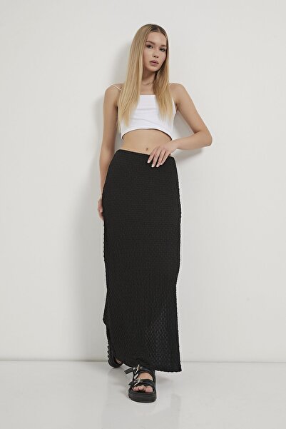 Arma Life Women's Elastic Waist Basic Slit Black Long Skirt