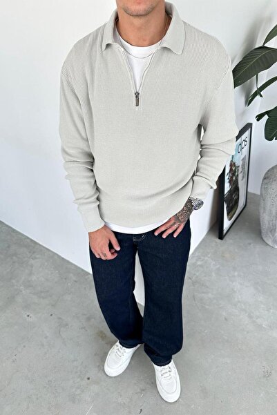 HAFKAGİYİM Gray Half-Zip Relaxed Knit Sweater