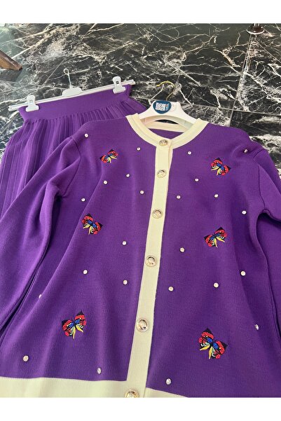 MY QILAM Kadın Tesettür Alt Üst Takım kelebek Nakışlı Hırka Etekli Triko Takım Mor