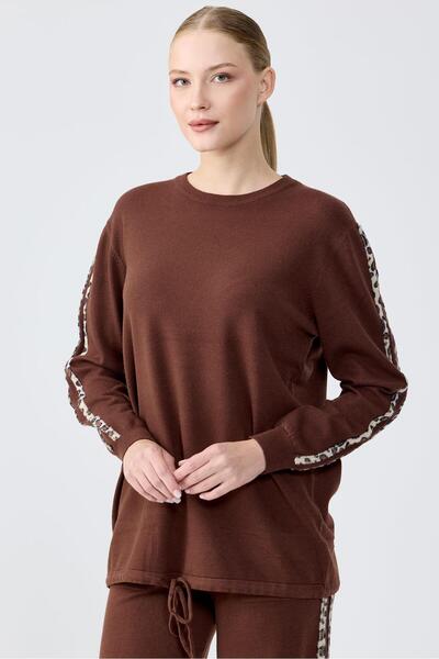 Tığ Triko Leopard Stripe Trouser Knitwear Set Brown