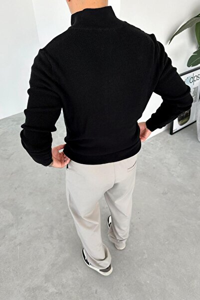 HAFKAGİYİM Black Basic Ribbed Half Zip Relaxed Sweater